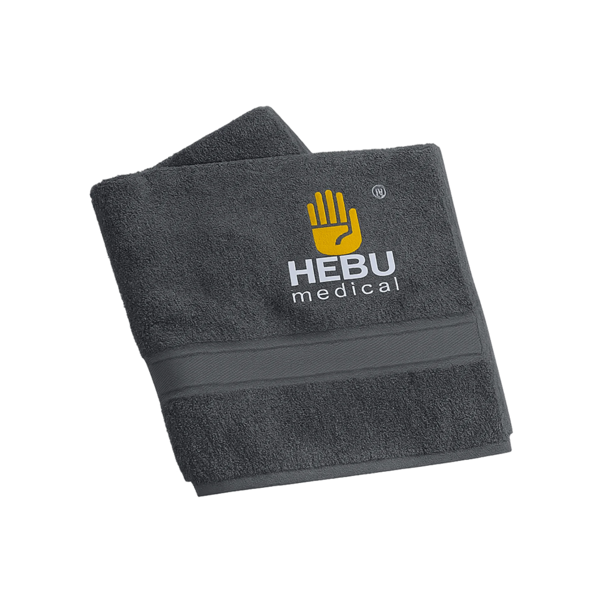 HEBUmedical – Handtuch mit Logo aus Baumwolle Graues HEBUmedical Handtuch mit eingesticktem Logo für Merchandising und Unternehmensbedarf
