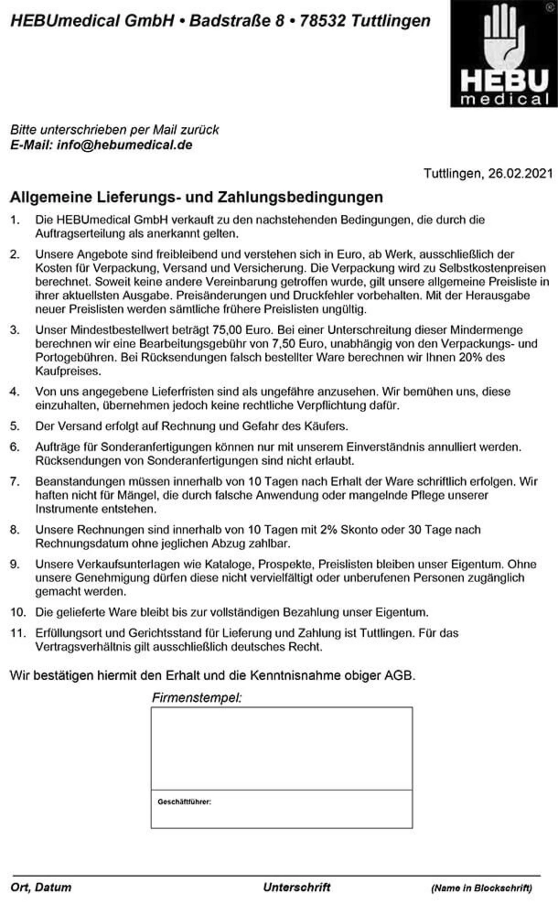 Vertrags- und Geschäftsbedingungen von HEBUmedical